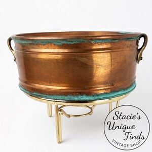 Antique Copper Bronze Iron Pot With Stand MCM Art Decor Plant Stand